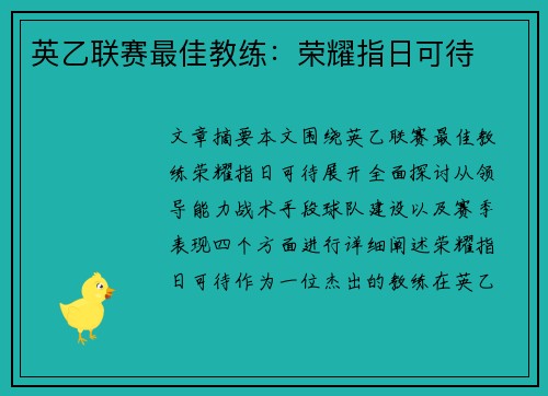 英乙联赛最佳教练：荣耀指日可待