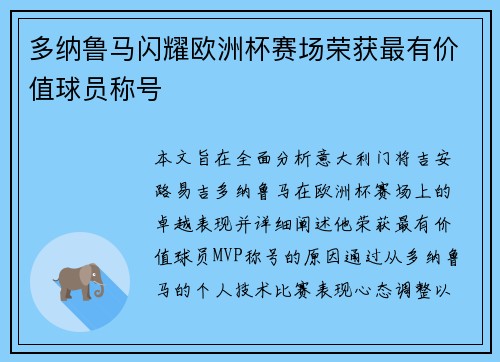 多纳鲁马闪耀欧洲杯赛场荣获最有价值球员称号