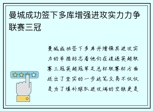 曼城成功签下多库增强进攻实力力争联赛三冠